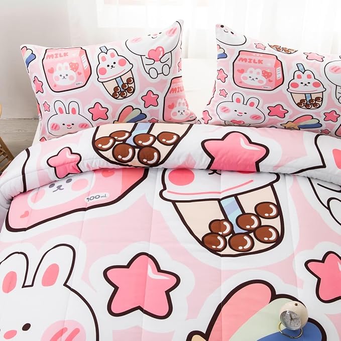 CVHOUSE Kawaii Bunny Comforter Sets King for Girls Women,Kawaii Bedding Sets King Set,Kawaii Bedspread,Kawaii Duvet,Kawaii Bed Set,Kawaii Quilt Set 3 Pcs 1 Comforter and 2 Pillowcases