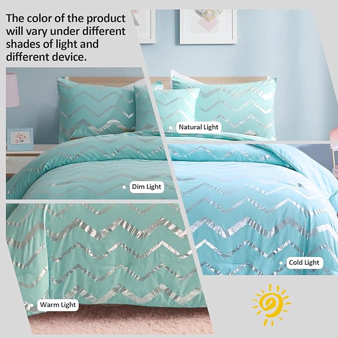 Aqua Comforter Set Twin Size, Metallic Teal and Silver Bedding Set, 3 Piece Lightweight Microfiber Comforter for Teen Girls Boys Women (1 Pillow Case + 1 Decorative Pillow Sham)