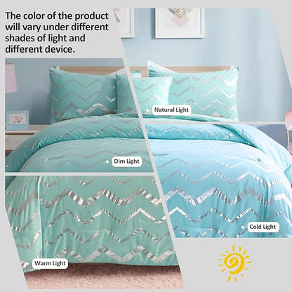Aqua Comforter Set Queen Size Metallic Teal and Silver Bedding Set, 4 Piece Lightweight Microfiber Bed Set for Teen Girls Women (2 Pillow Shams + 1 Decorative Pillow Sham)