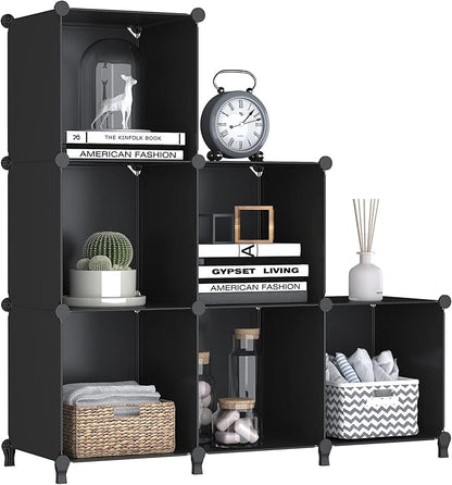 FUNLAX Cube Storage Shelf, 6 Storage Cubes Closet Organizers and Storage Portable Cube Storage Organizer Plastic Bookshelf Bookcase for Study Room, Bedroom, Office, Black