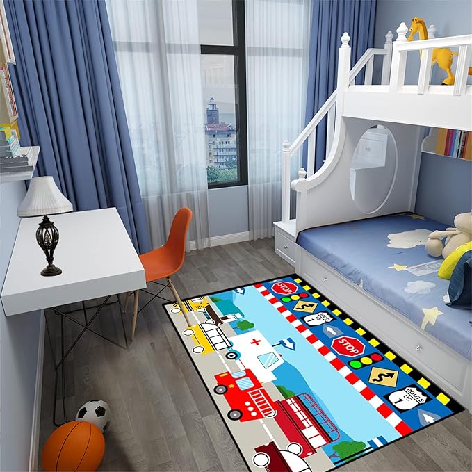 Cartoon Ambulance Car Area Rug Car Carpet for Kids Play Rug for Cars and Trucks Car Rug Play Mat Car Track Rug Truck Rugs for Boys Room Rugs for Boys Bedroom,Light Blue 3'×4'