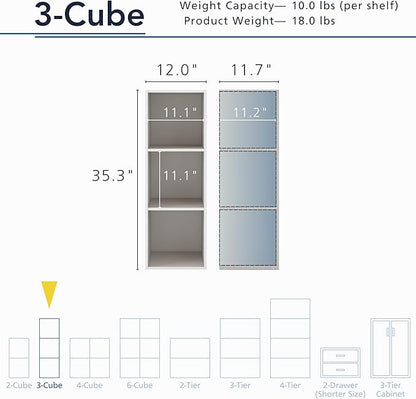 Apexa 3 Cube Storage Organizer Shelves, Stackable Wood Bookcase Fits Cubby Bins for Organization, Dorm Teen Room Decor & Home Office, Greige