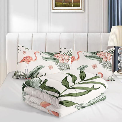 Flamingo Comforter Set Full Size Tropical Flamingo Palm Tree Leaf Pattern Bedding Set Flower Quilted Duvet for Kids Girls Boys Adult with 1 Comforter and 2 Pillowcases