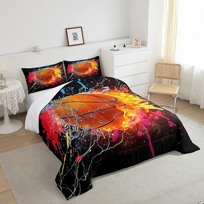 Teen Boys Basketball Bedding Set Kids Sports Comforter Sets King Soft Lightweight Bedroom Dorm Decor,Red Blue Fire And Water Lightning Ball Duvet Insert,Colorful Grunge Tie Dye Quilt Bedding 3 Pcs