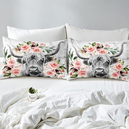 Erosebridal Highland Cow Flower Comforter Set Twin Size Bull Cattle Bedding Set Western Funny Animal Bedding Set Wildlife Farmhouse Cow Quilt Set Rose Grey Marble Comforter Set