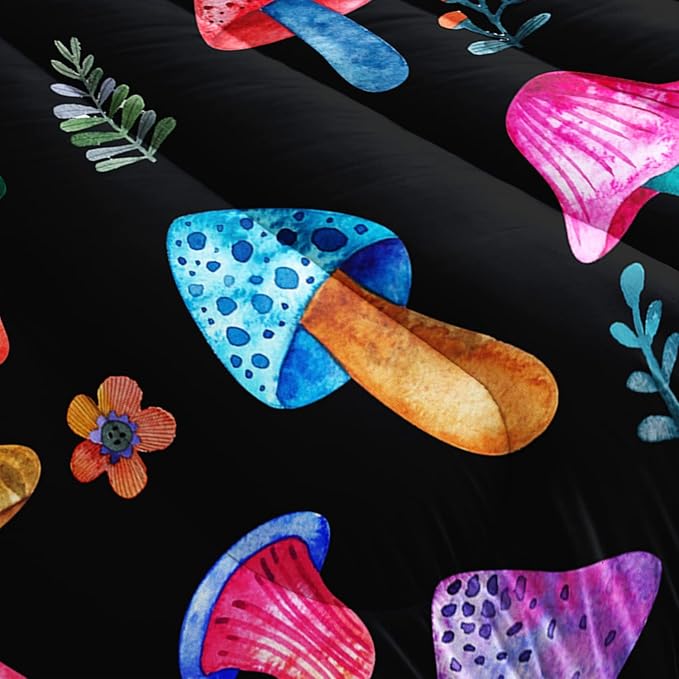 Colorful Mushroom Comforter Set Twin Size Kids Mushroom Flora Bedding Set Botanical Plant Theme Print Quilt Bed Set for Boys Girls Adults with 1 Comforter and 2 Pillowcases