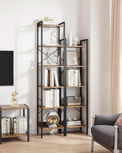 Bookshelf, Book Shelf, Industrial Bookcase with 2 Hooks, Coner Shelf Storage Organizer for Home Office, Living Room, Bedroom, Kitchen, 6-Tier Rustic Brown BC10701B