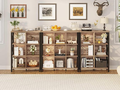 FATORRI 9 Cube Storage Bookshelf, Industrial 4 Shelf Book Shelf, Farmhouse Wood and Metal Cubby Bookcase for Home Office (39.37" W, Rustic Oak)