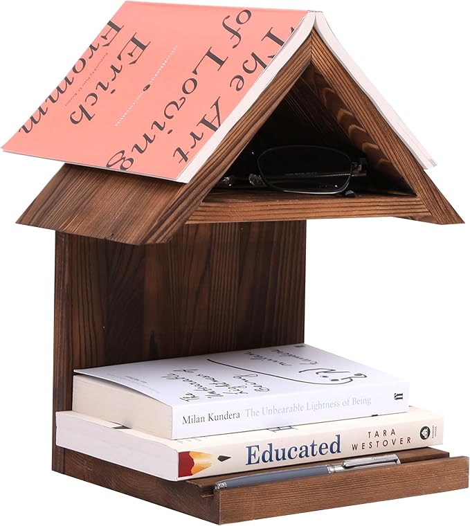 Floating Bedside Wood Bookshelf, Triangle Book Page Holder, Wooden Simple Bookcase for Bedroom Nightstand Library Office or Wall Decor Storage (Brown