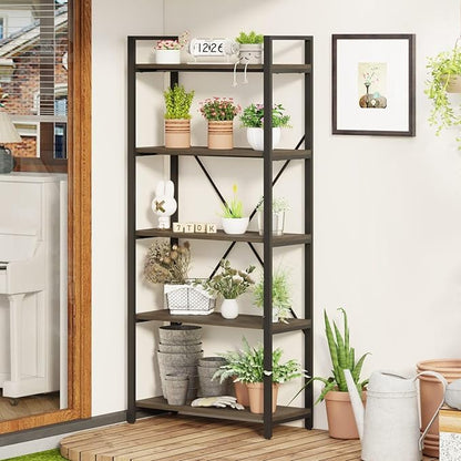 FATORRI 5 Tier Industrial Bookshelf, Rustic Etagere Bookcase for Display, Vintage Shelving Unit Wood and Metal Tall Book Shelves for Home Office (Walnut Brown)