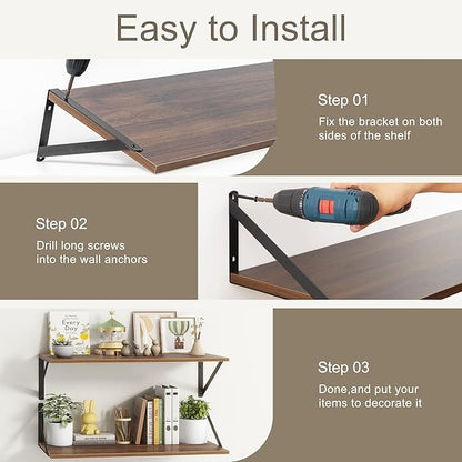 Fun Memories Deep Floating Shelves, 55W x 12D Floating Shelves for Wall, Wood Floating Shelf with Bracket, Wide Display & Storage Wall Shelves for Living Room, Bedroom, Walnut