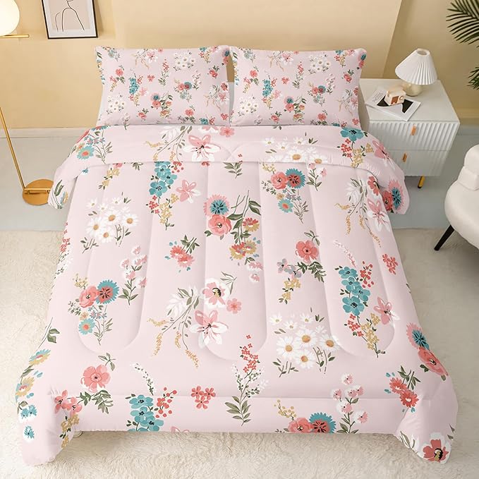 Floral Comforter Full Size,Pink Floral Kids Comforter Set,3Pcs Bedding Set Printed Comforter with 2 Pillowcases,Down Alternative,Soft and Lightweight,for All Seasons