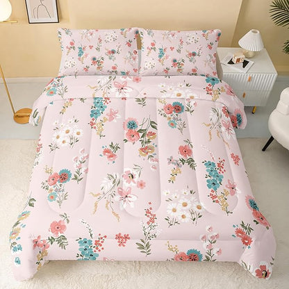 Floral Comforter King Size,Pink Floral Kids Comforter Set,3Pcs Bedding Set Printed Comforter with 2 Pillowcases,Down Alternative,Soft and Lightweight,for All Seasons