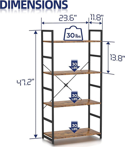 NUMENN 4 Tier Bookshelf, Tall Bookcase Shelf Storage Organizer, Modern Book Shelf for Bedroom, Living Room and Home Office, Vintage
