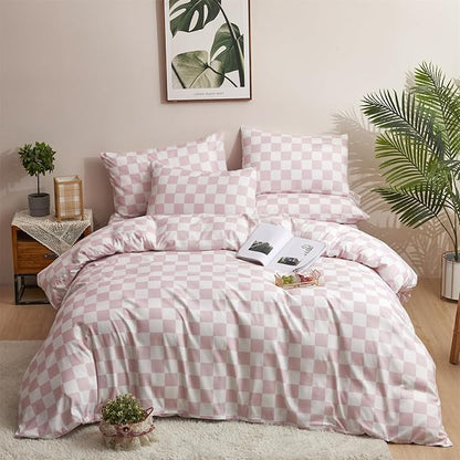 Pink White Grid Comforter Set Twin Pink Plaid Bedding Set Girls Pink and White Checkered Bed Comforter Set Breathable Blanket Set Kids Durable Bedding Comforter Set