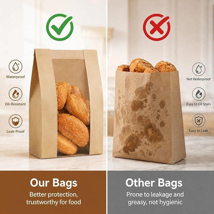 200 PCS Bread Bags for Homemade Bread, Clear Window Sourdough Bags | Bakery Paper Bags for Cookie and Snack Storage, Loaf Packaging, Sourdough Bread Bags Includes 225 Sealing Stickers