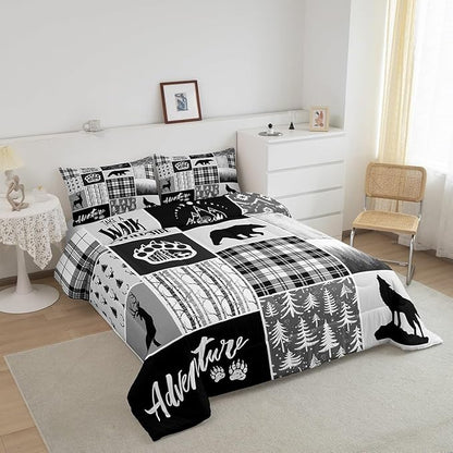 Manfei Deer Bear Comforter Set Twin Size,Pine Trees Christmas Bedding Set for Kids Boys Girls Adults Room Decor,Camping Adventure Rustic Farmhouse Down Comforter,Black Retro Duvet Insert,1 Pillowcase