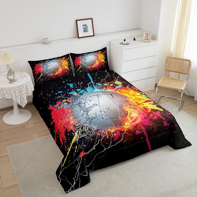 Erosebridal Kids Volleyball Comforter Set for Teen Girls Boys Volleyball Bedding Set King Grunge Hippie Tie Dye Bedding Comforter Red Blue Fire Water Lightning Quilt Duvet Insert 2 Pillow Cases