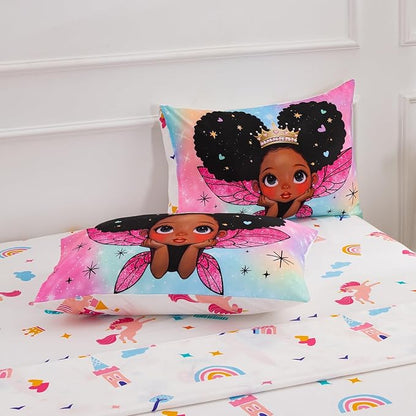A Nice Night Black Girl Princess with Wings Comforter Set,Pink Gradient Glitter Rainbow Galaxy 6pcs Kids Bedding Set,Twin