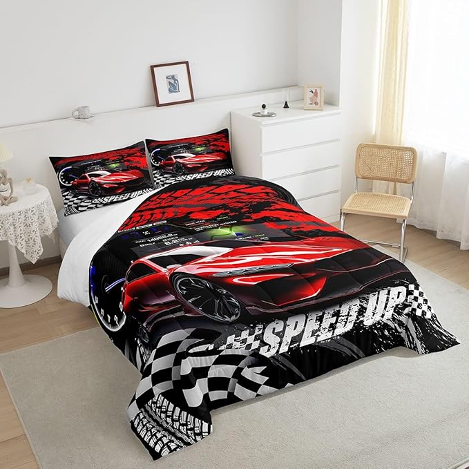Feelyou Kids Boys Girls Red Race Car Comforter Set Queen Size, Sports Car Comforter Comforter Set for Teens Toddler Race Car Bedding Set Racing car Duvet Set Bed Set Room Decor Bedding Collection