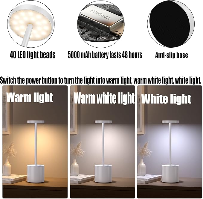 2Pack Cordless Table Lamp, Rechargeable LED Battery 5000mAh Metal USB Portable Powered Desk Lamp, 3 Levels Brightness Light for Restaurants Outdoor (2 pack 10.25in White)
