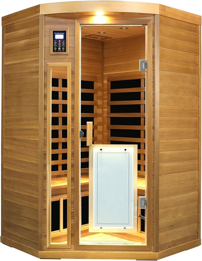 2-3 Person Infrared Sauna, Red Cedar Wood Low EMF Far Infrared Saunas for Home, 1760watt Indoor Personal Sauna Roombox with Door Heating Panels, Outdoor Lamps, Blue-Tooth, Dual Control