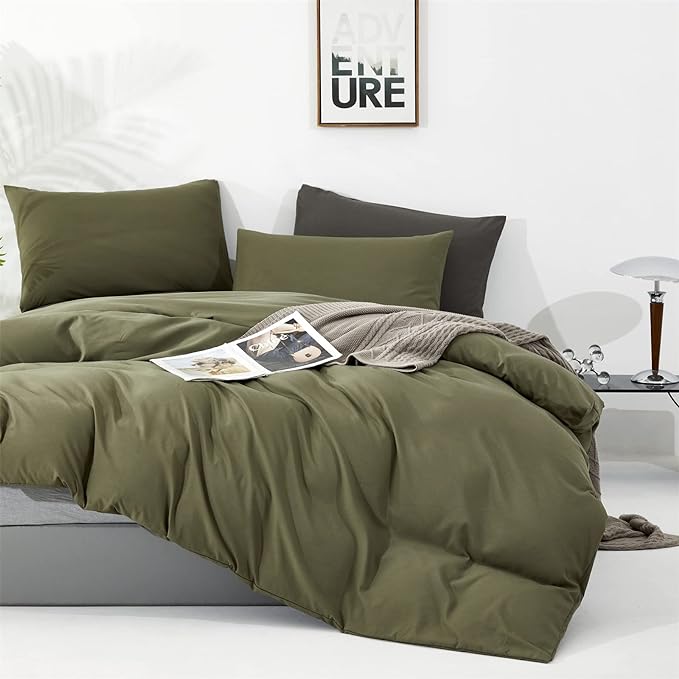 Olive Green Comforter Set King Size Solid Green Comforter 3 Pieces Soft Dark Green King Comforter Bedding Set Women Pure Olive Green King Bed Comforter Set for All Season as Gift