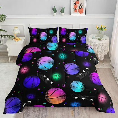 Datura home Kids Comforter Set Glowing Basketball Printed Pattern Bedding Set with 1 Comforter and 2 Pillowcases for Girls Boys Bedroom All Season(Basketball1 Full)