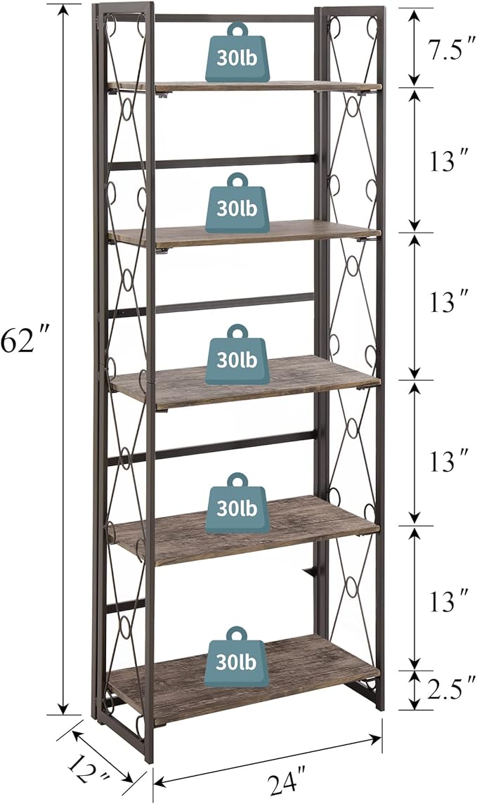 VECELO Folding Bookshelf, 5-Tier Bookcase Foldable, Industrial Tall Book Shelf Storage Organizer with Collapsible Metal Frame for Living Room/Home Office,Light Brown,1 Set