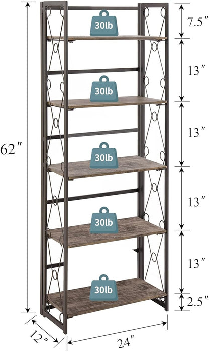 VECELO Folding Bookshelf, 5-Tier Bookcase Foldable, Industrial Tall Book Shelf Storage Organizer with Collapsible Metal Frame for Living Room/Home Office,Light Brown,1 Set