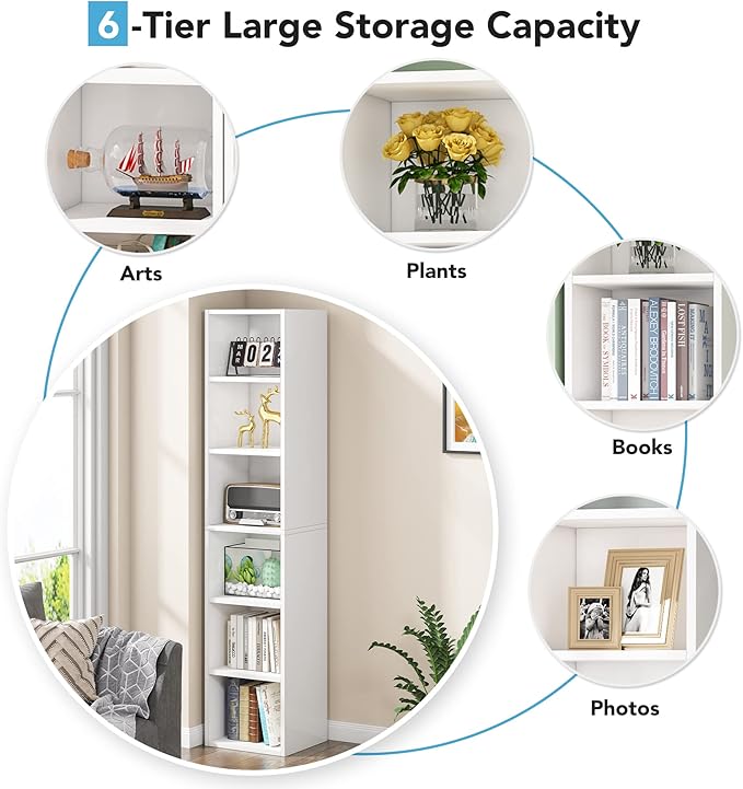 70.9 Inch Tall Narrow Bookcase, Corner Bookshelf 6 Tier Cube Display Shelf Storage Organizer for Small Space, White