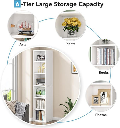 70.9 Inch Tall Narrow Bookcase, Corner Bookshelf 6 Tier Cube Display Shelf Storage Organizer for Small Space, White