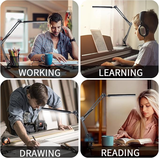 Adjustable Swing Arm Desk Lamp with Clamp, LED Desk Lamp,Dimmable Desk Light, 3 Colors 10 Brightness Adjustable Flexible Gooseneck, Architect Task Lamp for Home Office
