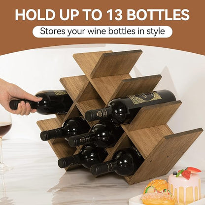 KIRIGEN Wood Wine Rack, 13-Bottle 4-Tier Countertop Holder, Brown 4-DBR | 22.28 x 5.9 x 13.9 In, Freestanding Wooden Rack Stores 13 Wine Bottles for Counters, Cabinets, Pantry Shelves, and Home Bars