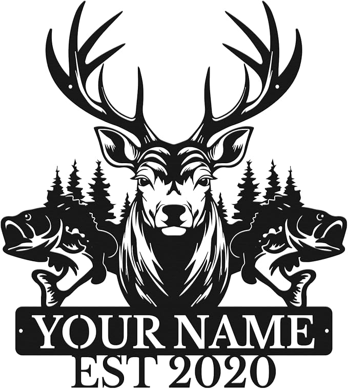 Personalized Custom Forest Deer and Fish Wall Decor, Metal Signs, Black Metal Wall Art, Custom Name Signs for Dad's Shed, Camping and Hunting Decor