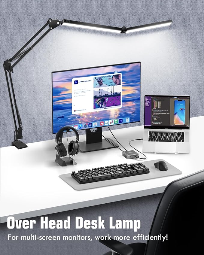 LED Desk Lamps for Home Office 2 in 1 Large Double Head Desk Lamp with Clamp & Base, Remote Control, Dimmable Architect Clip on Desktop Light Bar with Memory for Working, Crafting, Studying