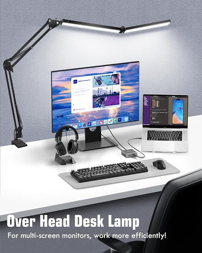 LED Desk Lamps for Home Office 2 in 1 Large Double Head Desk Lamp with Clamp & Base, Remote Control, Dimmable Architect Clip on Desktop Light Bar with Memory for Working, Crafting, Studying