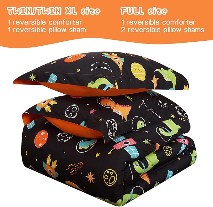 Space Dinosaur Kids Comforter Set for Boys Full Size, Cute Reversible Quilted Black Printed Bedding Set with Pillow Sham, Lightweight Soft Breathable Washable Bed Set 3 Piece