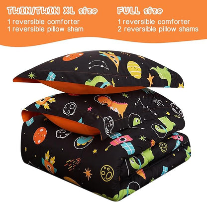 Space Dinosaur Kids Comforter Set for Boys Full Size, Cute Reversible Quilted Black Printed Bedding Set with Pillow Sham, Lightweight Soft Breathable Washable Bed Set 3 Piece