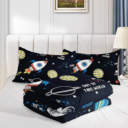 Datura home Space Ship Galaxy Comforter Set Astronaut Rocket Printed Quilt Bedding with 1 and 2 Pillowcases for Boys Girls Bedroom All Season(Space Full), A-space, Full 80x90inches