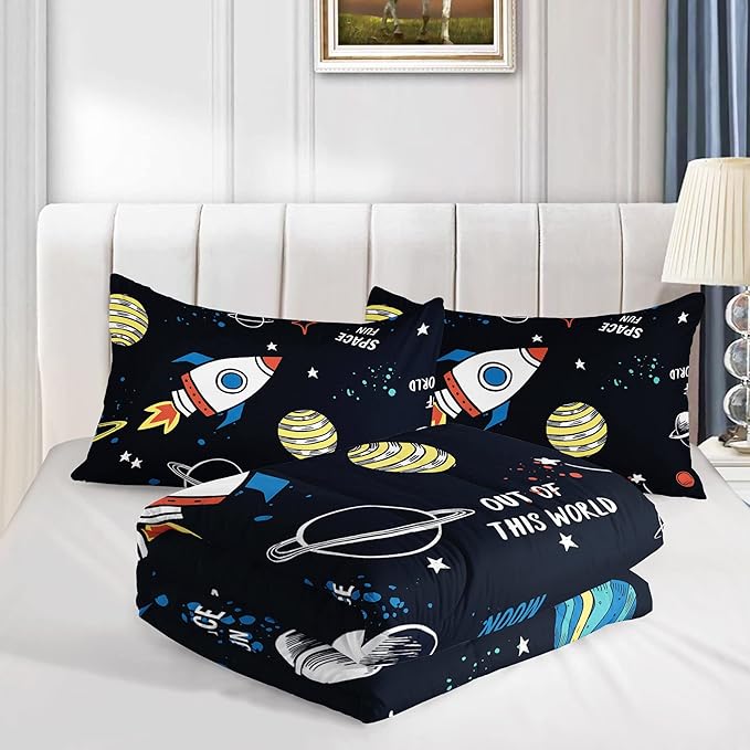 Datura home Space Ship Galaxy Comforter Set Astronaut Space Rocket Printed Quilt Bedding Set with 1 Comforter and 2 Pillowcases for Boys and Girls Bedroom All Season(Space Twin)