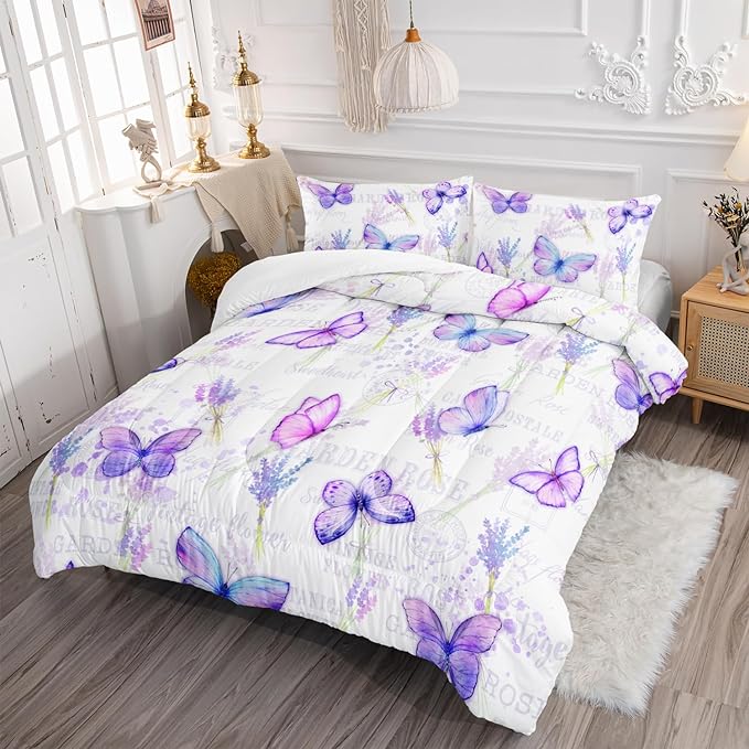 Purple Butterfly Comforter Set Twin Size for Girls Kids Adults Lavender Flowers Pattern Bedding Set Aesthetics Butterflies Quilt Bed Set with 1 Comforter and 2 Pillowcases