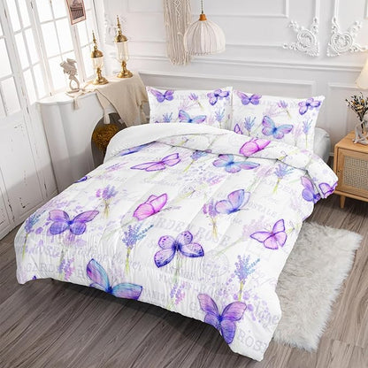 Purple Butterfly Comforter Set Queen Size for Girls Kids Adults Lavender Flowers Pattern Bedding Set Aesthetics Butterflies Quilt Bed Set with 1 Comforter and 2 Pillowcases