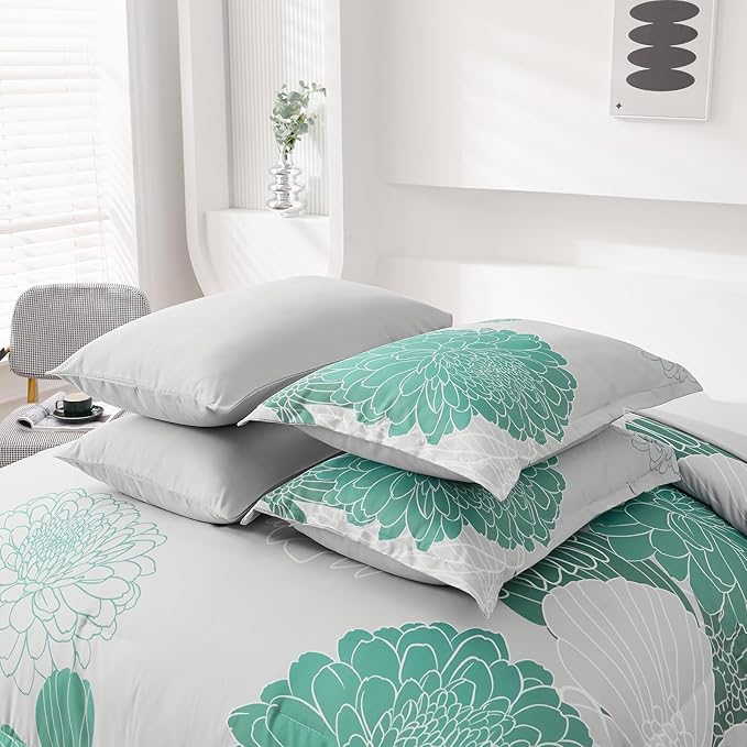 Yiran Grey Aqua Floral Queen Comforter Set Bed in a Bag Soft Microfiber Comforter Bedding Set 90"×90",7 Pieces (1 Comforter,2 Pillowcases,2 Pillow Shams,1 Flat Sheet,1 Fitted Sheet)