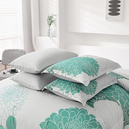 Yiran Grey Aqua Floral Queen Comforter Set Bed in a Bag Soft Microfiber Comforter Bedding Set 90"×90",7 Pieces (1 Comforter,2 Pillowcases,2 Pillow Shams,1 Flat Sheet,1 Fitted Sheet)