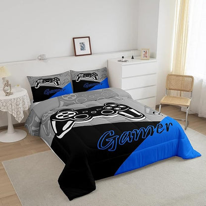 Feelyou Gaming Comforter for Boys Teen Video Game Bedding Set for Kids Gamer Comforter for All Season Gamepad Home Decor for Comforter Set Twin Size,1 Comforter with 1 Pillowcase Blue Black Grey