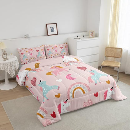 Feelyou Unicorn Comforter Set Kids Cute Cartoon Unicorns Decor Comforter for Girls Pink Bedding Set Rainbow Duvet Set King Size Quilt Boys