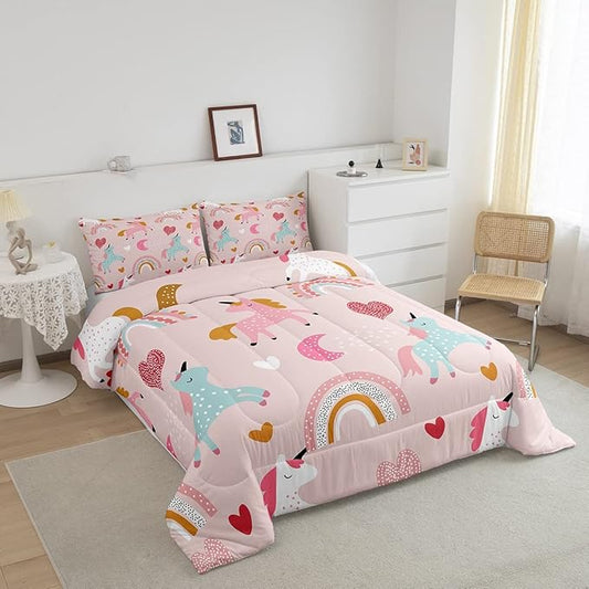 Feelyou Girls Unicorn Comforter Set Queen Size Kids Cute Pink Rainbow Horse Decor Comforter for Unicorn Lover Daughter Bedding Set Boho Star Moon Duvet Set (1 Comforter + 2 Pillowcases, Queen)