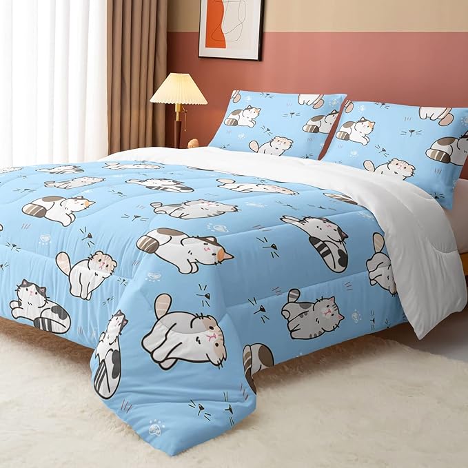Datura home Blue Kawaii Cat Comforter Bedding Set for Girls Lovely Kitten Print Cute Animal Pattern with 1 and 2 Pillowcases Bedroom All Season(Cat Queen), Queen 90x90inches