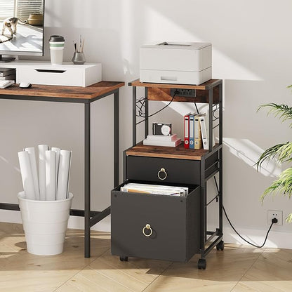 HOOBRO 2-Drawer File Cabinet, Filing Cabinet with Charging Station, Vertical Office Cabinet with Open Storage Shelf, Printer Stand, A4/Letter Size, Nonwovens Drawer, Rustic Brown and Black BFK23UWJ01